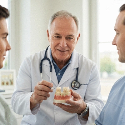 Close-up of a dentist explaining dental implant options to a patient using a clear anatomical model