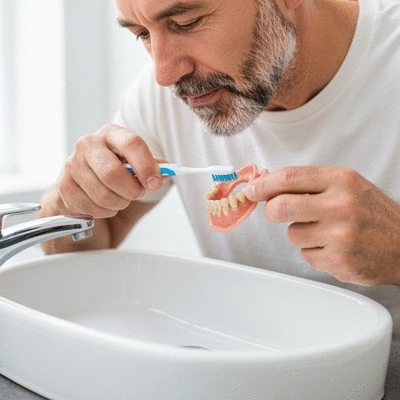 Person gently brushing dentures with a soft-bristle brush over a sink