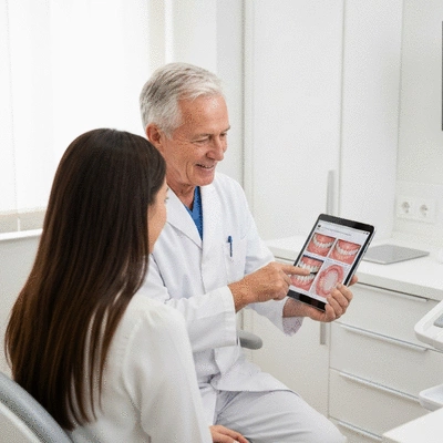 Dentist explaining treatment plan to a patient using a tablet, in a modern, clean dental office. Focus on clear communication and patient comfort, no text, no words, no typography, 8K