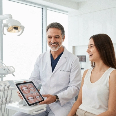 Dentist consulting with a happy patient about full mouth reconstruction options