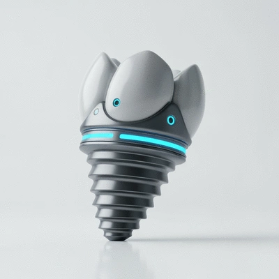 Modern dental implant with integrated sensors, glowing blue light indicating data transmission