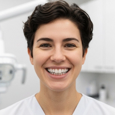 Close-up of a person smiling confidently after full mouth reconstruction, showing healthy, aligned teeth. Clean, professional dental clinic background, no text, no words, no typography, 8K