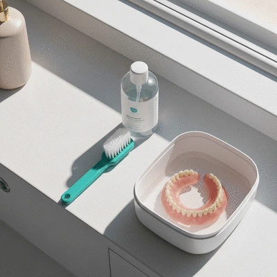 Denture cleaning kit with a soft brush and cleansing solution on a counter