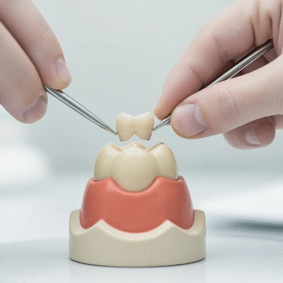 Close-up of a dental crown being placed on a tooth model, bright clinical setting, no text, no words, no typography, 8K