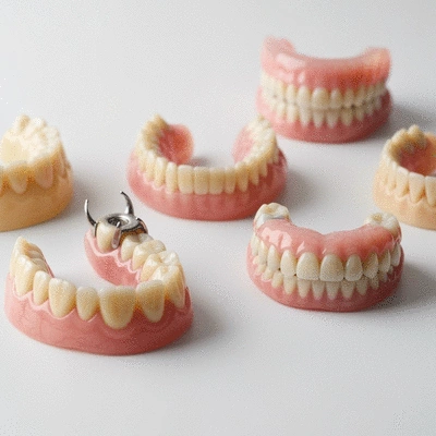 Close-up of different types of dentures on a clean, light surface, showcasing full, partial, and implant-supported options, no text, no words, no typography, 8K