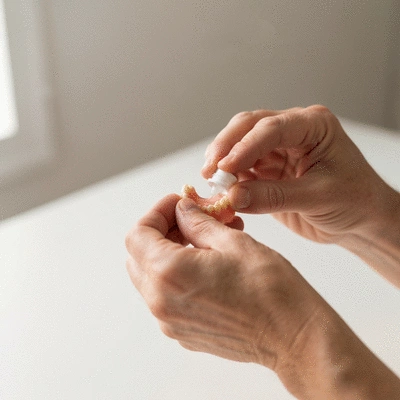 Person carefully applying denture adhesive, focused on proper amount