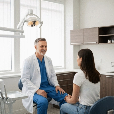 Professional dentist consulting with a patient in a modern dental office, clean environment, natural lighting, no text, no words, no typography, 8K