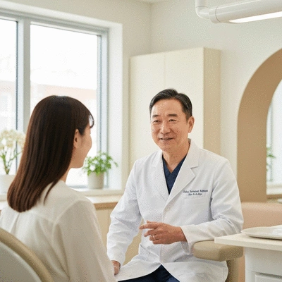 Patient discussing financing options with a dentist in a modern clinic setting, no text, no words, no typography, clean image
