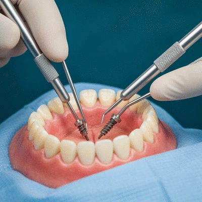Close-up of dental implants being placed in a patient's mouth during full mouth reconstruction