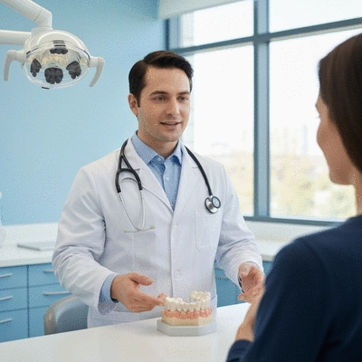 Dentist explaining dental implant procedure to a patient in a modern clinic