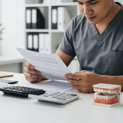 A person reviewing financial documents with a calculator and a dental bridge model on a desk, representing financing options